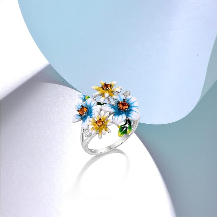 Santuzza 925 Sterling Silver Enamel Flower Ring for Women