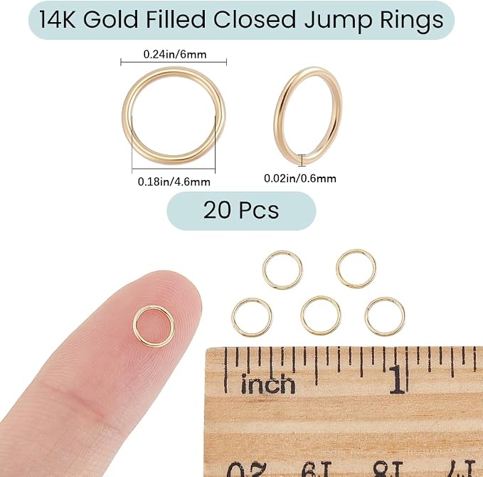 Beebeecraft 20Pcs Closed Jump Rings 14K Gold Filled 6mm Soldered Jump Rings Non-Tarnish Round Connector Linking for Jewelry Making DIY Crafts Findings Supplies