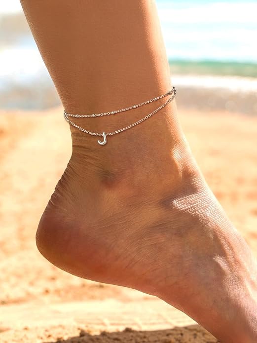 FaithHeart Initial Ankle Bracelets for Women, Waterproof 14k Gold Plated Initial Anklets Non Tarnish Stainless Steel Cute Layered Anklet Summer Beach Jewelry