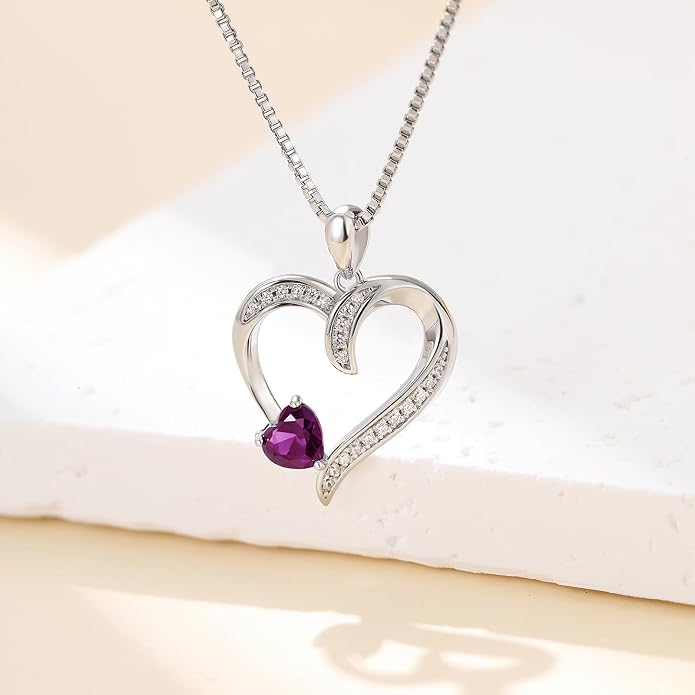 Love Heart Necklace for Women, 925 Sterling Silver Cubic Zirconia Birthstone Heart Pendant Jewelry Gift for Mom, Mother, Wife, Girlfriend on Birthday, Mother's Day, Chain 18 inch