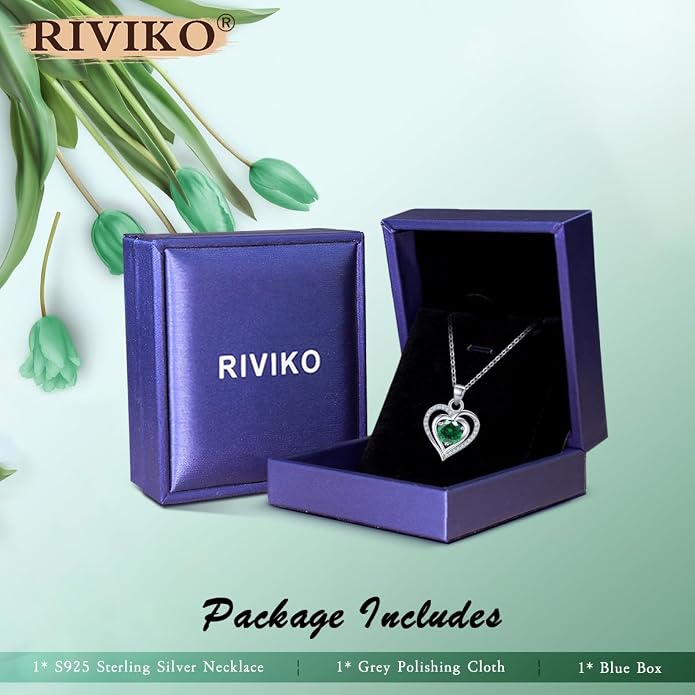RIVIKO Heart Birthstone Pendant Necklace for Women 925 Sterling Silver Zirconia Necklaces Valentine's Day Anniversary Birthday Mothers Day Jewelry Gifts For Her Mother Wife