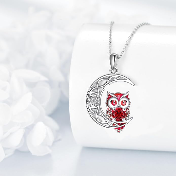 Owl Birthstone Necklace Sterling Silver Celtic Moon Pendant Cubic Zirconia Owls Jewelry Birthday Gifts for Women Men