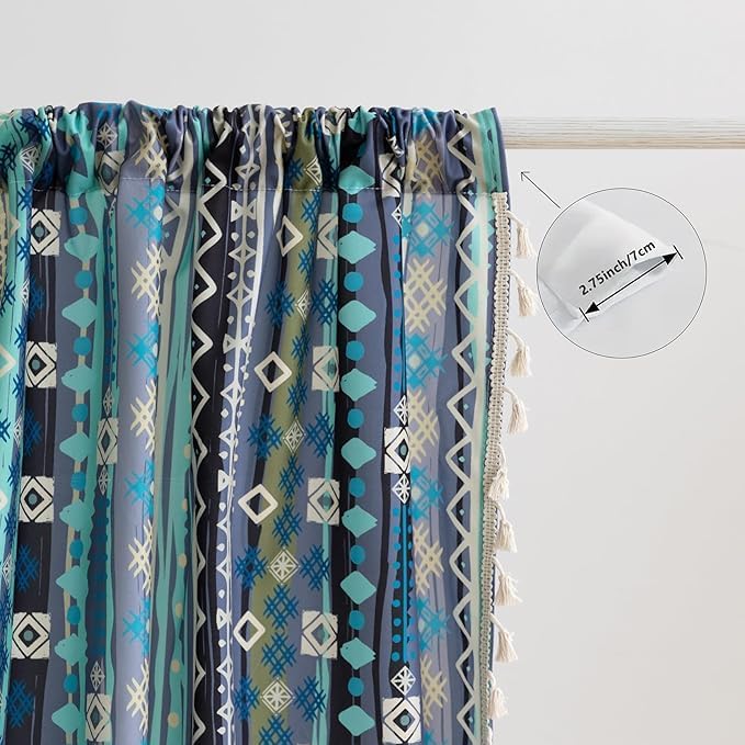 Navy Blue Geometric Curtains 96 Inches Long, Boho Farmhouse Light Filtering Rod Pocket Drapes with Tassel Trim for Bedroom Living Room, 2 Panels