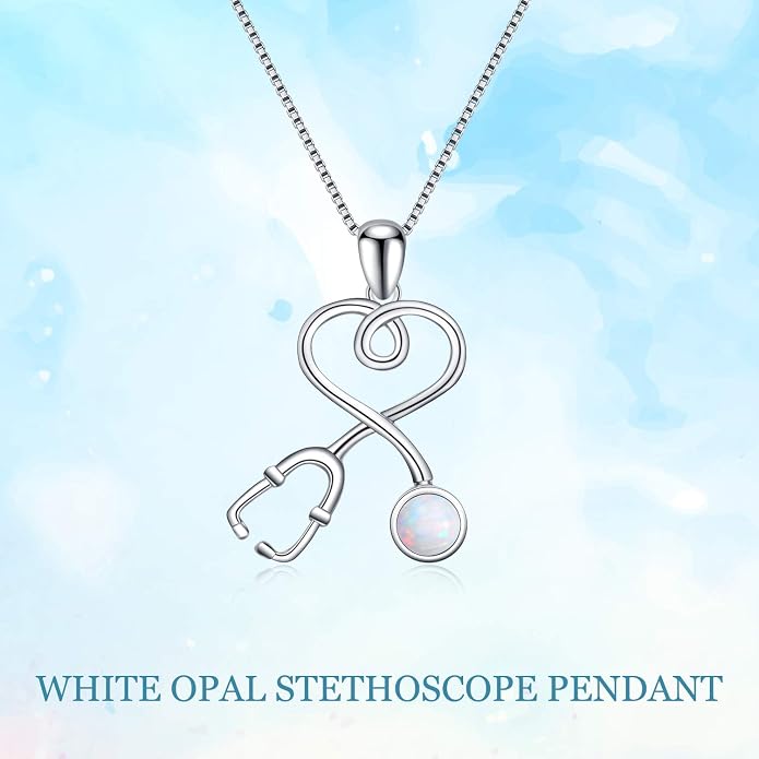 AOBOCO Stethoscope Necklace 925 Sterling Silver Embellished with 12 Months Birthstone Crystals from Austria, Graduation Gifts Medical Jewelry for Doctor Nurse Medical Student RN