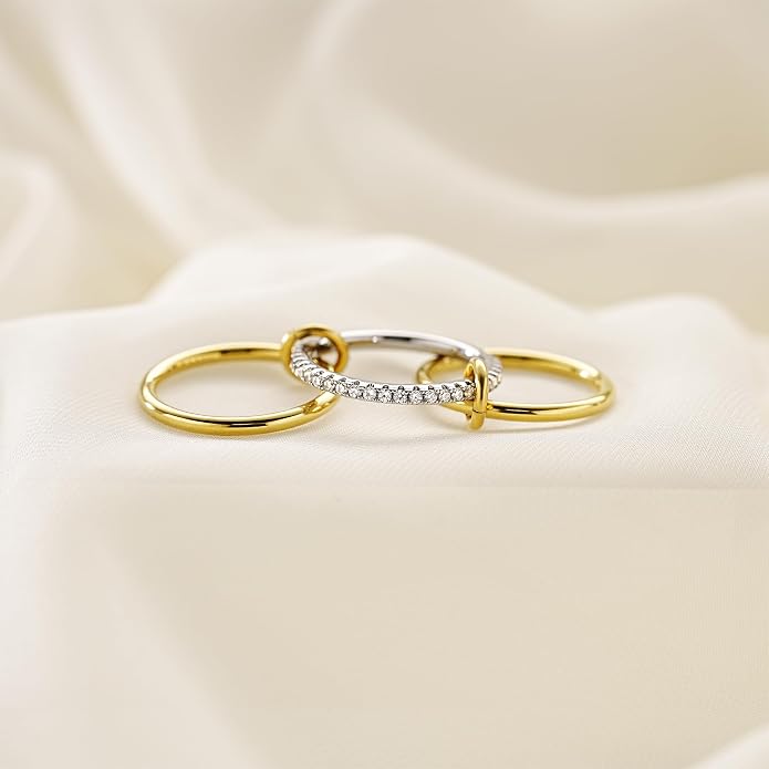 AllenCOCO 14K Gold Plated Stackable Rings, 3 Ring Set with CZ Cubic Zirconia, Gold & Silver Stacked, Interlocking Band for Women Statement