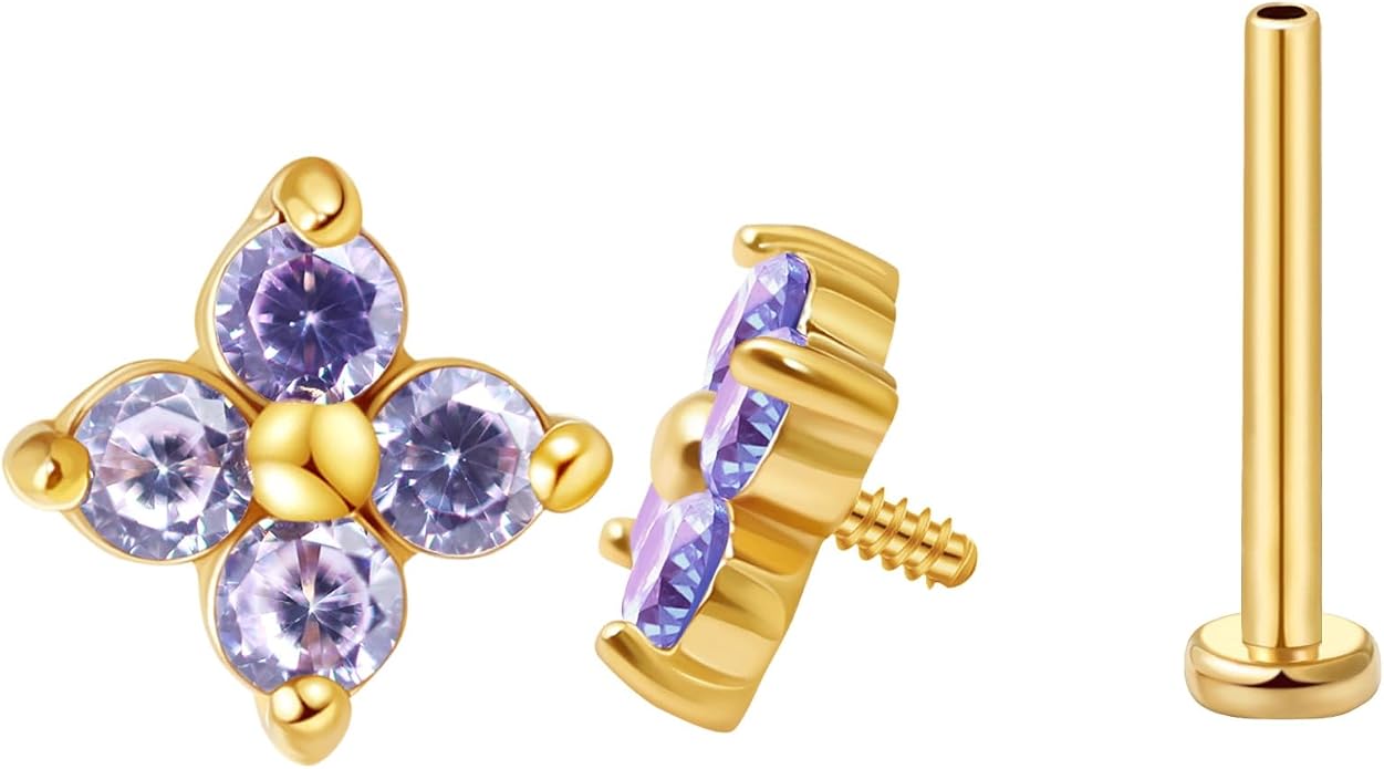 FANSING CZ Flower Internally Threaded Flat Back Earring Labret Stud for Cartilage Tragus Helix Conch