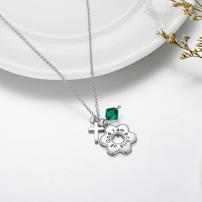 AOBOCO 925 Sterling Silver I Am a Child of God Daisy Necklace Jewelry Birthday Birthday Baptism Communion Gifts for Girls