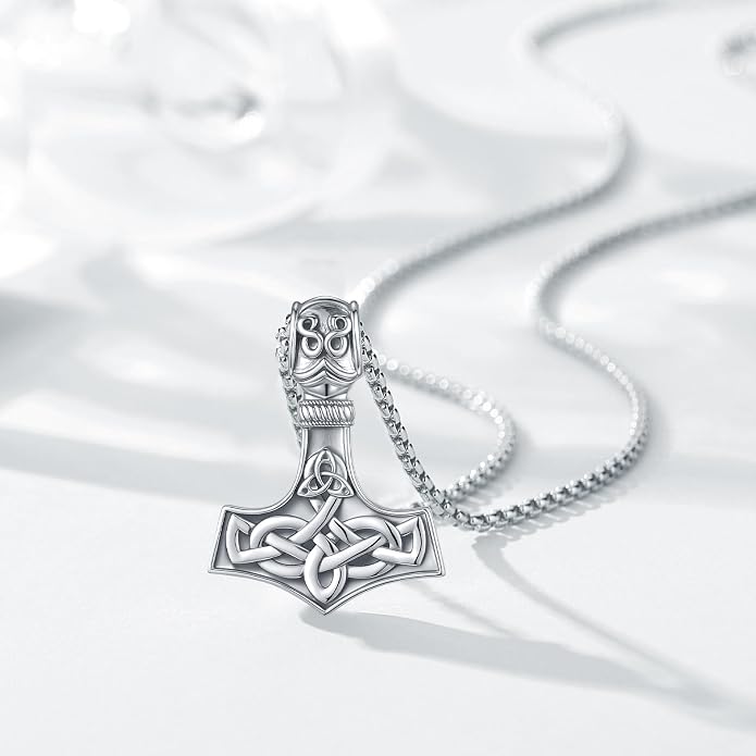 Thor Hammer Necklace for Women Men, S925 Sterling Silver Viking Mjolnir Necklace Pendant with Corlorful Opal Norse Runes Amulet Jewelry Gift