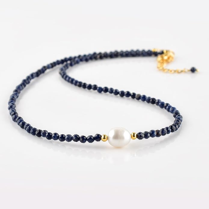 InfinityGemsArt Gemstone Gold Necklace For Women, Birthstone Natural Crystal Stone With Freshwater Pearl Beaded Jewelry, Gold Plated 18 Inch Chain