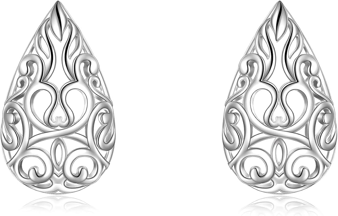 VONALA Filigree Teardrop Earrings for Women Sterling Silver Filigree Teardrop Dangle Earrings Filigree Leverback Earrings for Women Birthday Gift