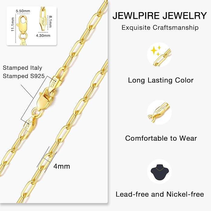 Jewlpire 14K Gold Plated 925 Sterling Silver Paperclip Chain Necklace for Women, 4mm 5mm Shiny & Sturdy Women's Chain Necklaces 16 18 20 22 24 26 Inch