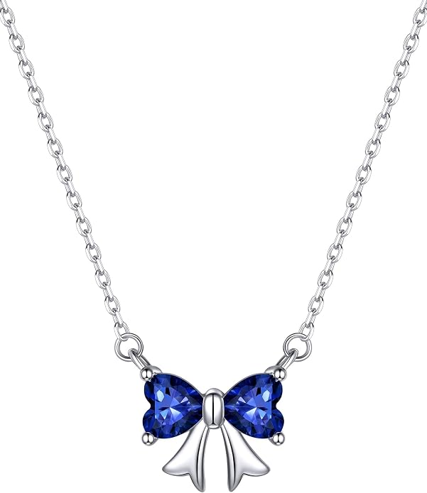 ChicSilver Bow and Cat Birthstone Necklace, 925 Sterling Silver Pendant Necklaces for Women, Hypoallergenic Silver Choker with 16 inch Rolo Chain, 12 Months Jewelry for Valentines Mothers Day Christmas