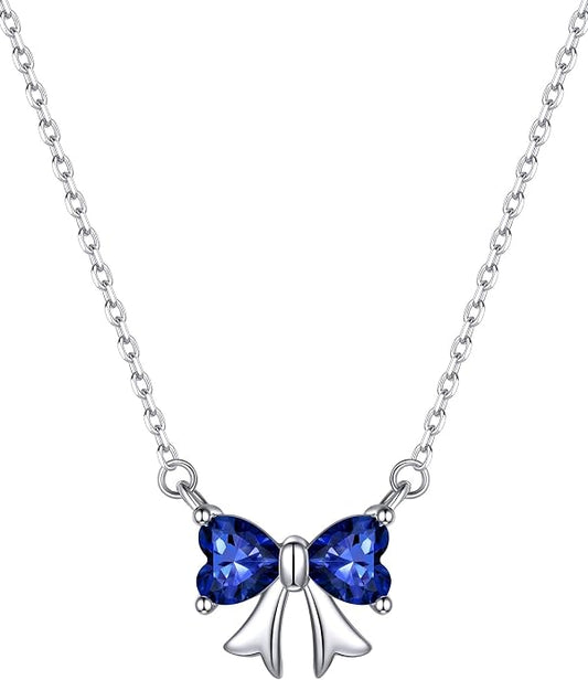 ChicSilver Bow and Cat Birthstone Necklace, 925 Sterling Silver Pendant Necklaces for Women, Hypoallergenic Silver Choker with 16 inch Rolo Chain, 12 Months Jewelry for Valentines Mothers Day Christmas