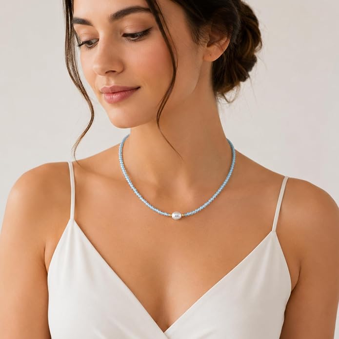 InfinityGemsArt Gemstone Gold Necklace For Women, Birthstone Natural Crystal Stone With Freshwater Pearl Beaded Jewelry, Gold Plated 18 Inch Chain
