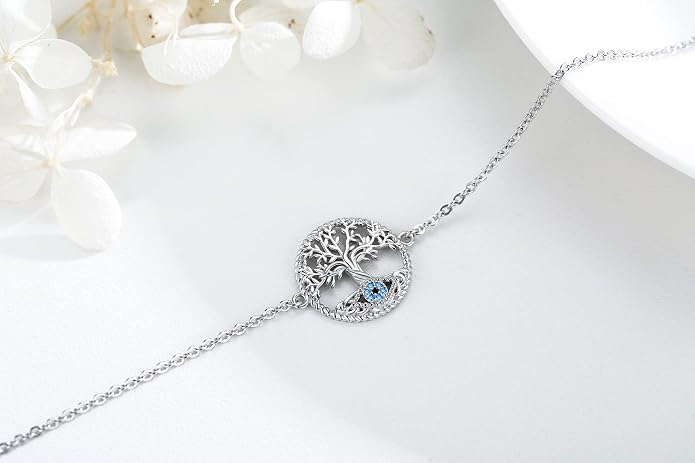 Midir&Etain Tree Of Life & Evil Eye Bracelet Anklet For Women 925 Sterling Silver Adjustable Family Tree Christmas Jewelry Gifts
