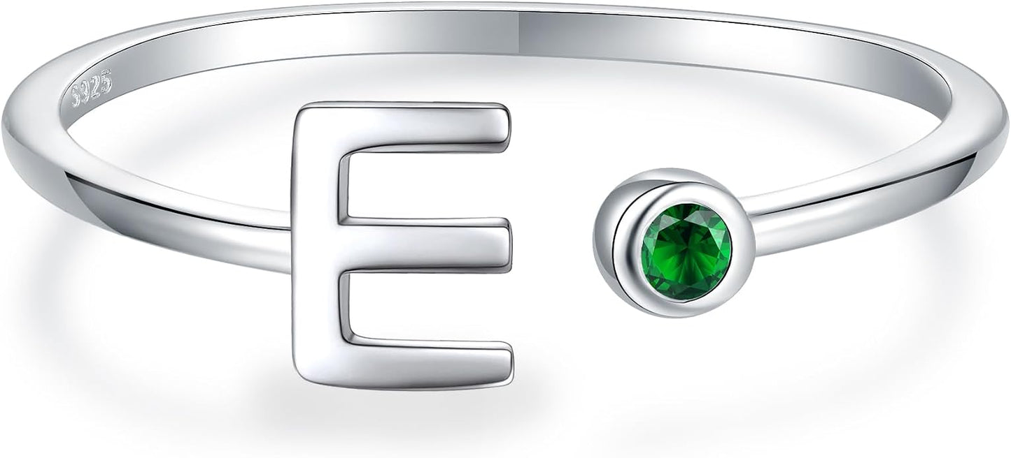 925 Sterling Silver Initial Letter Birthstone Rings for Women Adjustable 1-12 Month Birthstone Alphabet Stacking Ring for Teens Girls Stackable Birthstone Rings Birthday Jewelry Gift for Daughter Mom