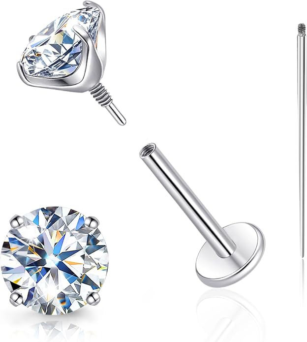 Limerencia Moissanite Internal Thread 18G Titanium Earrings, Hypoallergenic F136 Titanium Flat Back Piercing Studs, VVS1 Lab-created Moissanite Studs for Women Men Tragus Helix Cartilage Conch Labret