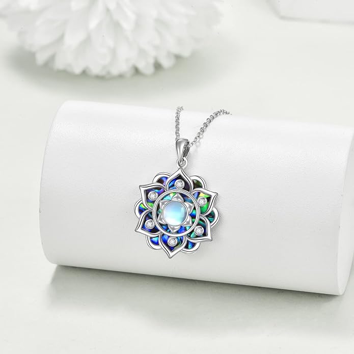 ONEFINITY Lotus Necklace 925 Sterling Silver Moonstone Pendant Necklace Yoga Lotus Jewelry for Women