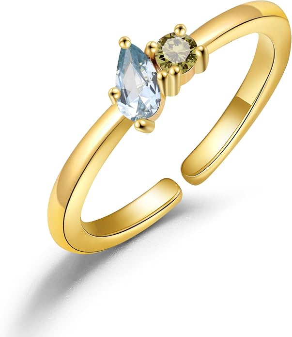 JSJOY Birthstone Rings for Women Dainty Emerald Blue Ring Birthday Gifts for Mom Her Gemstones CZ Ring for Teens Gold Rings That Don't Tarnish Adjustable Ring Jewelry Gifts