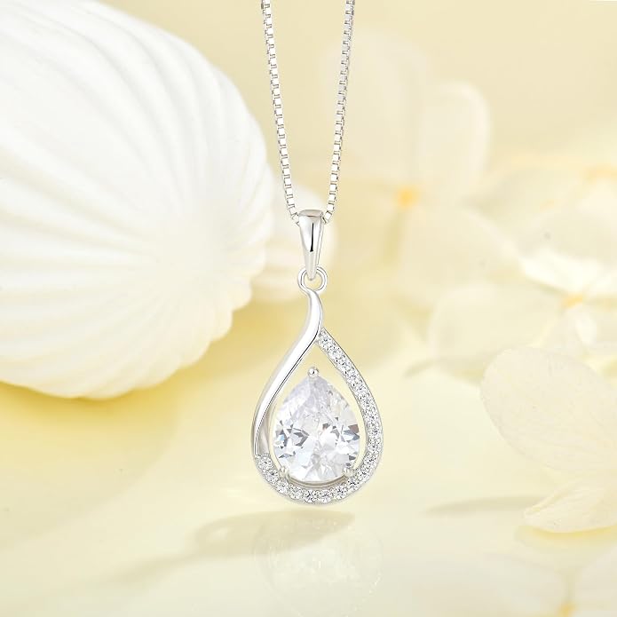 Teardrop Birthstone Necklace for Women 925 Sterling Silver White/Yellow Gold Plated Cubic Zirconia Pendant Necklace Jewelry for Her