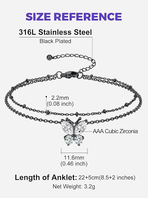 Richsteel Double Layer Heart/Butterfly Birthstone Anklet for Women Non Tarnish Waterproof, Silver/Gold/Black Stainless Steel 8.5-10.5 Inch Adjustable Chain Anklets Jewelry Gifts for Her