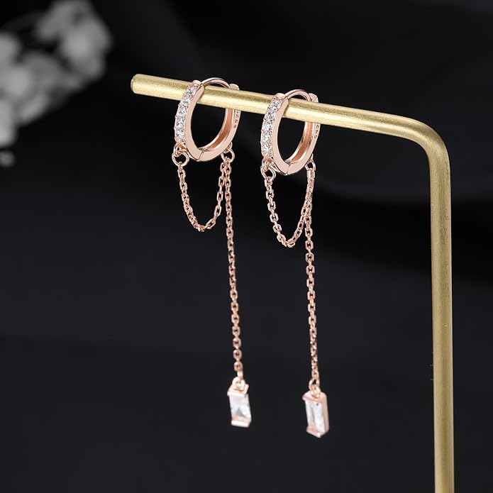 SLUYNZ Solid 925 Sterling Silver CZ Hoop Earrings Chain for Women Teens Hoop Earrings Tassel