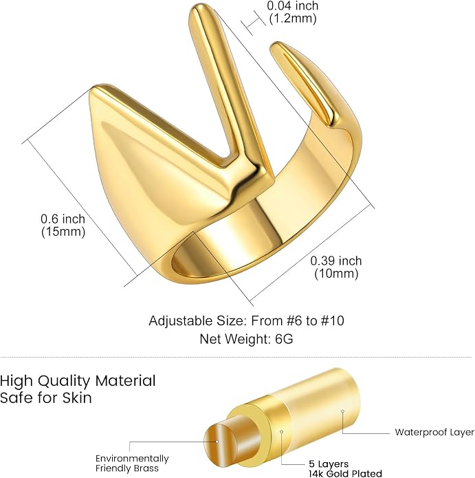 KeyStyle Bold Initial Letter Rings Adjustable, GoldChic Jewelry Women Gold Statement Ring Personalized Engraved Women’s Open Signet Ring for Party (Gold, White Gold, Black)