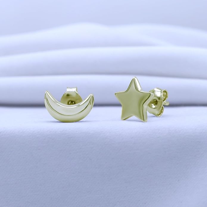 Asymmetric Earrings Half Moon And Star Lovely Charm Stud Earrings in 14K Gold Plated Sterling Silver With Push Back for her