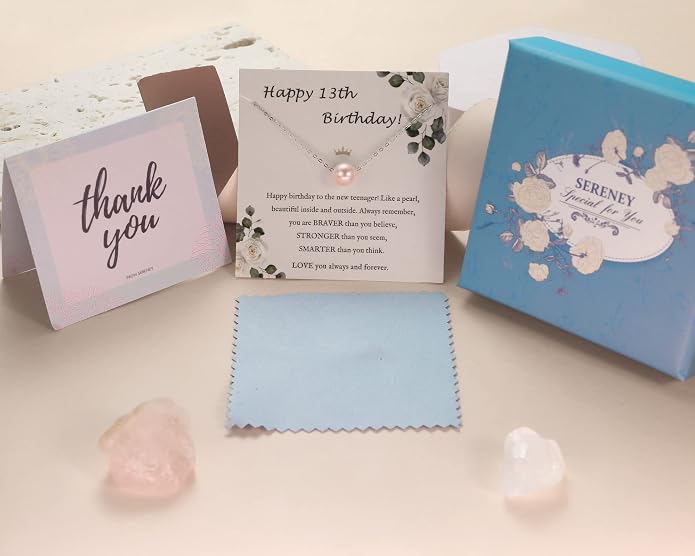 Sereney Sterling Silver Birthday Gifts for Girls Women, Pearl Necklace as 7 9 10 11 13 15 16 18 21 30 40 50 60 Year Old Birthday Gifts, Single Pearl Necklace as Bday Gifts for Friends