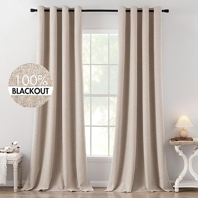 MIULEE 100% Blackout Linen Textured Curtains for Bedroom Solid Thermal Insulated Natural Beige Grommet Room Darkening Curtains & Drapes Luxury Decor for Living Room 52 x 120 Inch (2 Panels)