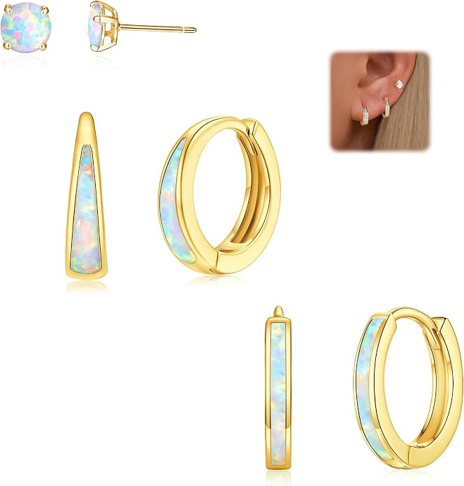 CiNily Opal Earrings Set for Women Hypoallergenic, Opal Stud Huggie Hoop Earrings Silver/Rose Gold Plated Dainty Hoop Huggie Silver Dangle Earring Stacks, Gold Jewelry