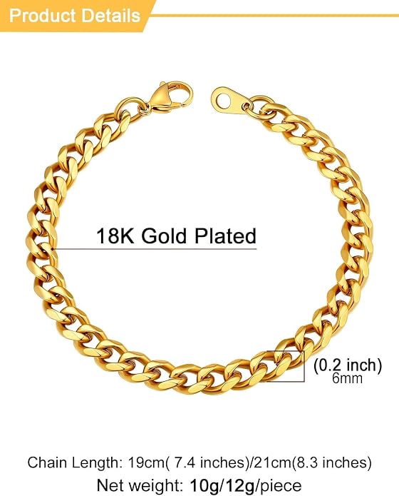 U7 Link Bracelets for Men, Cuban Link/Rope/Watch Band Solid Bracelet, Silver Black Gold Color Wrist Bracelet 3/6/9/12/15mm Width, 6.5/7.5/8.3 Inch Length, Hand Chain Jewelry for Mens Women