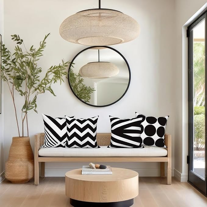 4 Pcs/Set Geometric Pillow Covers Black Winding Strips Circle Minimalist Geometry Retro Line Linen Throw Pillow Covers for Sofa Bedroom Outdoor Decorative, 22"x22", Black White