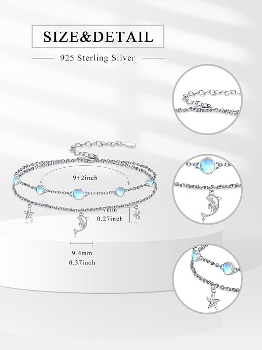 Wave/Dolphin Bracelet/Sea Turtles Anklet 925 Sterling Silver Adjustable Moonstone Bracelet/Anklet Summer Ocean Jewelry Gifts for Women