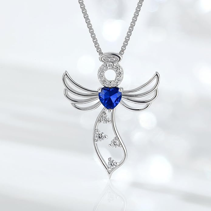 925 Sterling Silver Guardian Angel Pendant Necklace for Women - Birthstone Cubic Zirconia, 18" Chain, Gift for Her