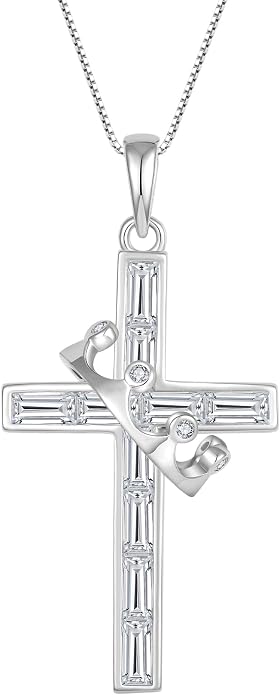 Gemstone Crown Cross Necklaces for Women, 925 Sterling Silver Rectangular cut Zircon Pendant With Rotated Crown Faith Cross Jewelry Gift