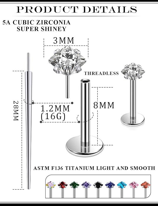 20G 18G 16G Astm F136 Titanium Threadless Flat Back Earrings Nose Studs Tragus Helix Conch Cartilage Lobe Earrings Medusa Labret Snake Bite Monroe Lip Ring Piercing Jewelry For Women Men
