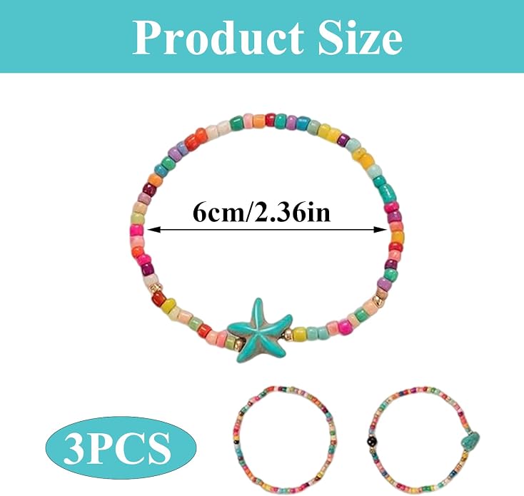 ASIJUNTYECHO Colorful Beaded Anklet Set | 3 Pcs Summer Beach Anklets, Western Turquoise Star & Shell Beaded Anklet Jewelry for Vacation, Boho & Everyday Wear