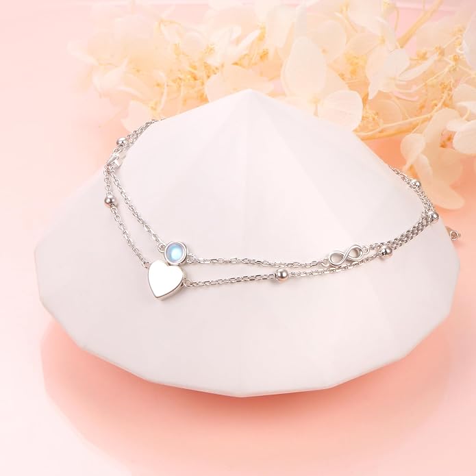 Flyow Anklet for Women S925 Sterling Silver Adjustable Foot Beaded Heart Charm Ankle Bracelet Anklets Jewelry