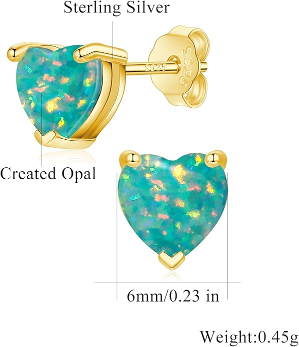 CiNily 925 Sterling Silver Stud Earrings for Women Teen, Heart Opal Stud Earrings, Dainty Cartilage Small Studs for Men, Heart Birthstone Earrings Lightweight Opal Jewelry for Mothers Day Birthday