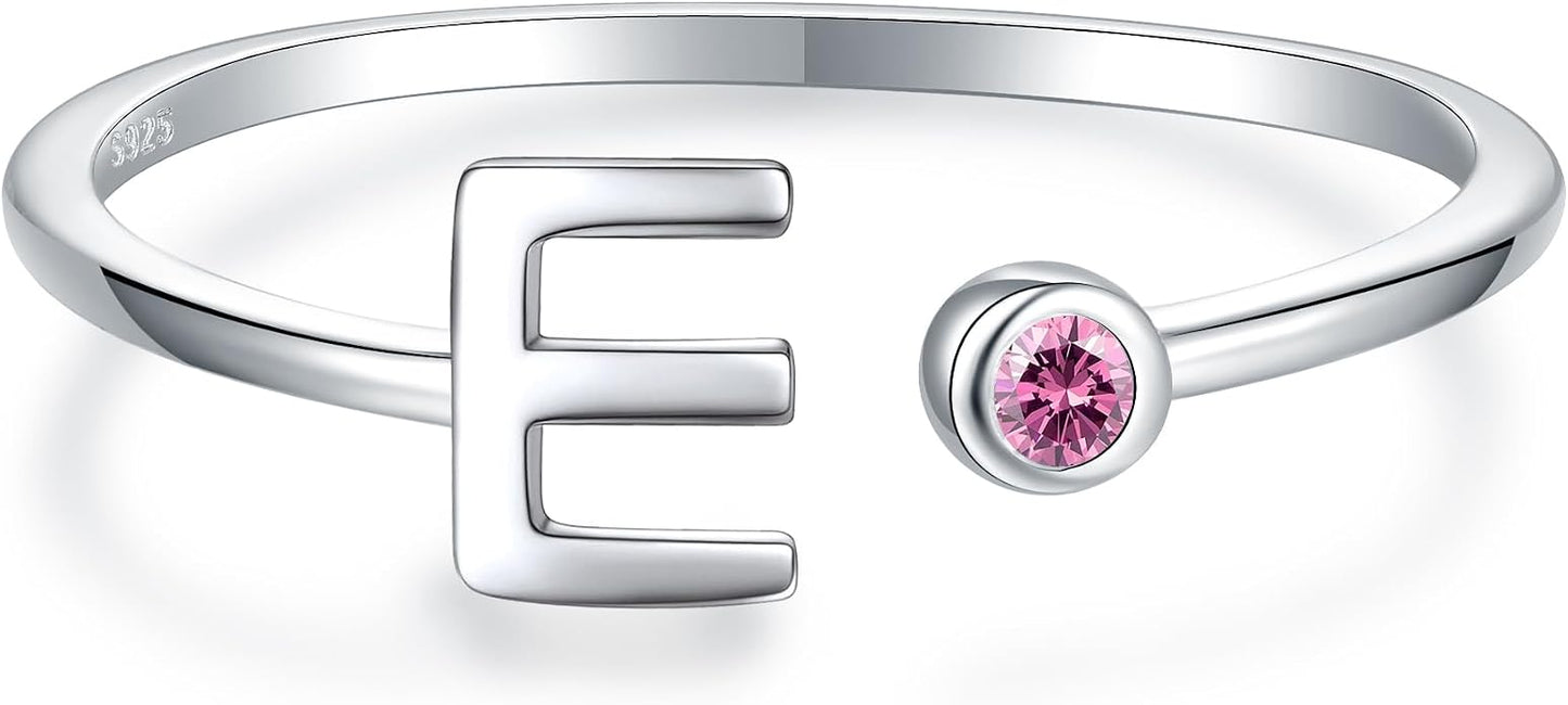925 Sterling Silver Initial Letter Birthstone Rings for Women Adjustable 1-12 Month Birthstone Alphabet Stacking Ring for Teens Girls Stackable Birthstone Rings Birthday Jewelry Gift for Daughter Mom