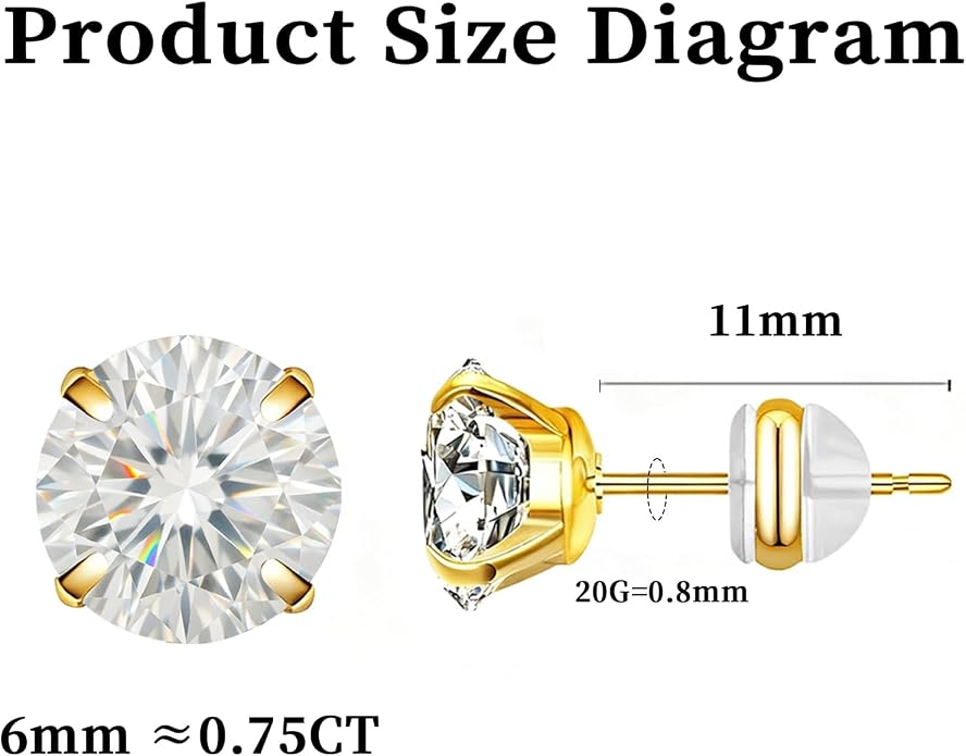 Moissanite Stud Earrings in 14K White Gold Plated Titanium | HypoAllergenic Earrings for Women & Men