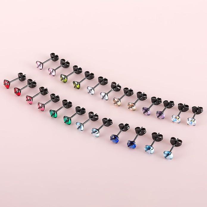 12 Pairs 18K Gold Plated Surgical Stainless Steel Stud Earrings, Star Heart Square Stud Earring for Women, Cubic Zirconia Birthstone Stud Earrings Set