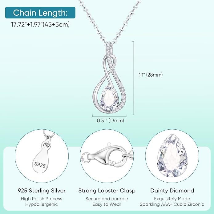 Birthstone Necklaces for Women Mothers - 925 Sterling Silver Dainty Infinity Cubic Zirconia Pendant Necklace Anniversary Birthday Christmas Gifts for Her Wife Mom Lady Daughter, Adjustable Chain