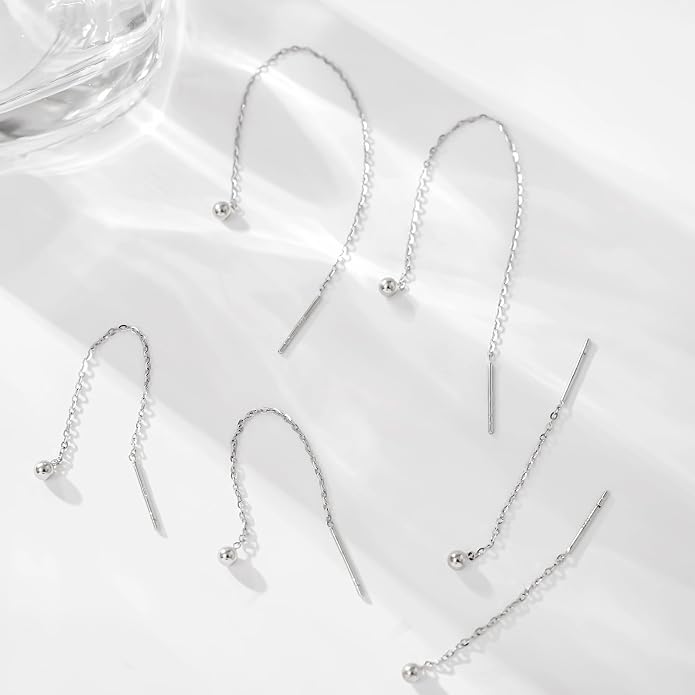 3 Pairs Threader Earrings 925 Sterling Silver Long Chain Earrings Bar/Ball Wrap Threader Drop Earrings for Women Lightweight Minimalist Mother's Day Jewelry Set