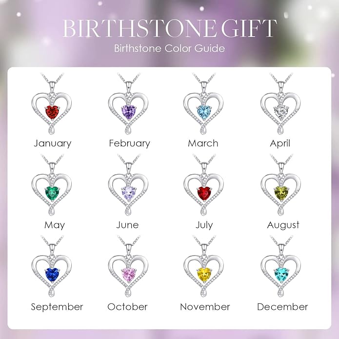 Birthstone Necklace for Women, 18K White Gold Heart Necklace Filled 925 Sterling Silver, Diamond Womens Jewelry Christmas Gifts for Women Wife