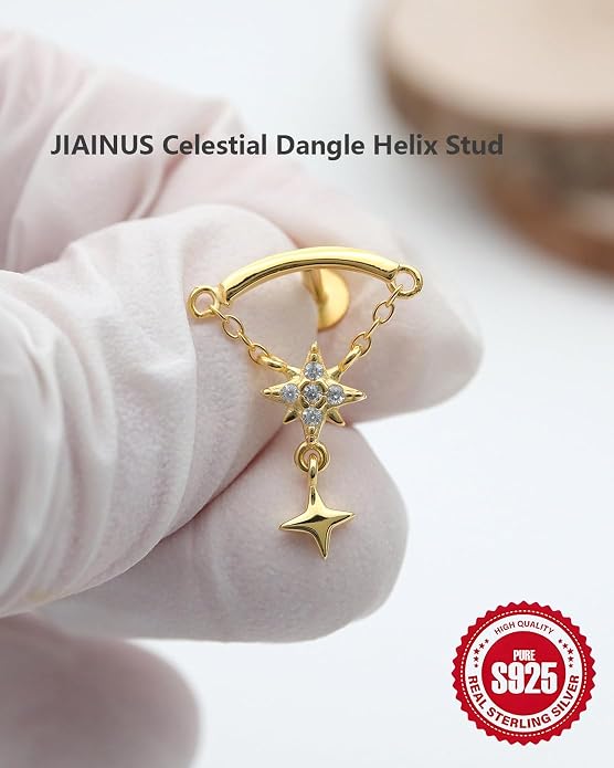 Solid 925 Sterling Silver Helix Earring with Dangle Chain 14K Gold Plated Flat Back Cartilage Stud Crescent Moon & Star CZ Internally Threaded Piercing Jewelry Ear Ring Gift