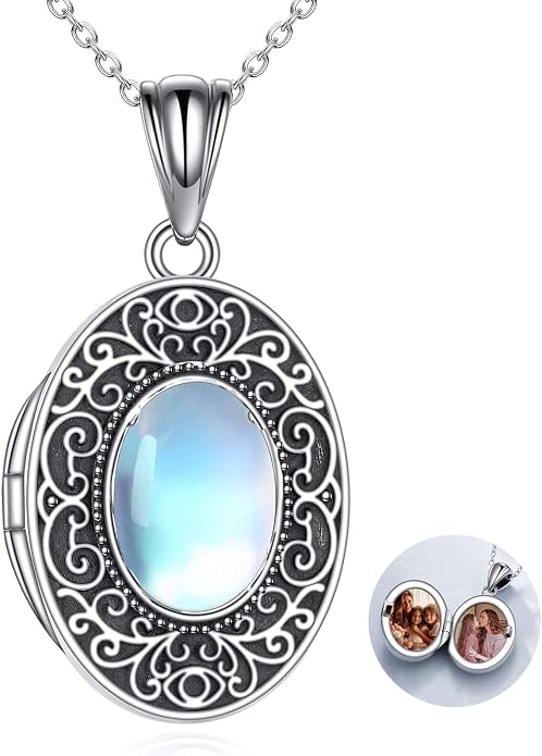 CRMAD Opal/Moonstone/Turquoise Locket Necklace for Women Sterling Silver Oval-Shaped Opal Locket Pendant Holds Pictures Always with You Vintage Style Photos Locket Jewelry Gifts for Loved One