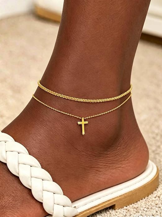 Yalice 925 Sterling Silver Ankle Bracelets for Women Dainty 14K Gold Plated Anklets Set Shiny Waterproof Ankle Chain Cross Beach Foot Jewelry Gifts