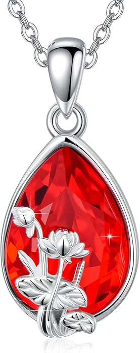 925 Sterling Silver Birth Flower Necklace with Teardrop Shaped Birthstone - 12 Colors, 12 Kinds of Flower - Ideal Birthday Jewelry Gift for Women, Mothers, Daughters & Wives